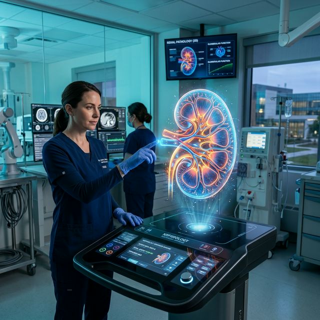 Advanced nephrology technology showing 3D kidney model
